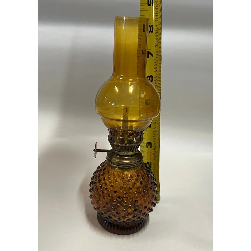 Vintage Amber Glass Hobnail Miniature Oil Lamp 8 1/4
